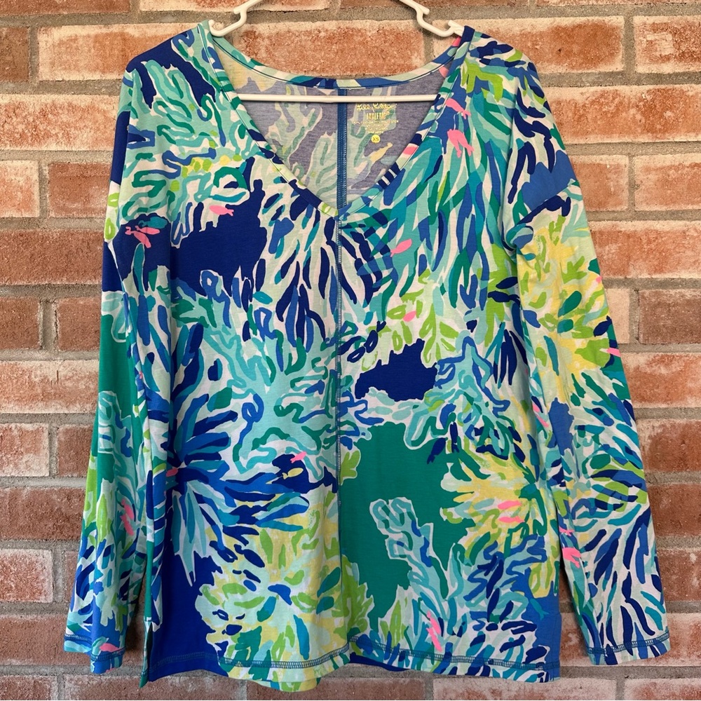 Lilly Pulitzer Luxletic XS Long Sleeve UPF 50 V Neck Multicolor Treena Wade Sea
